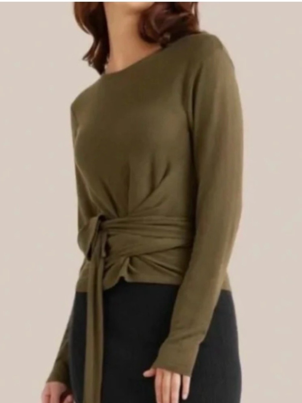 Modern Citizen Stevie Wrap Tie Front Knit Top XL Olive Green Long Sleeve Minimal